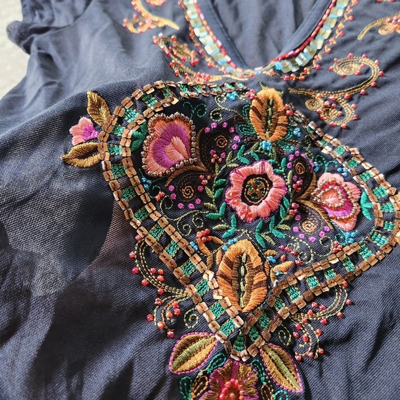 2010S Express Mesh Navy Floral Embroidered Beaded Top Sz XS - Picture 5 of 6